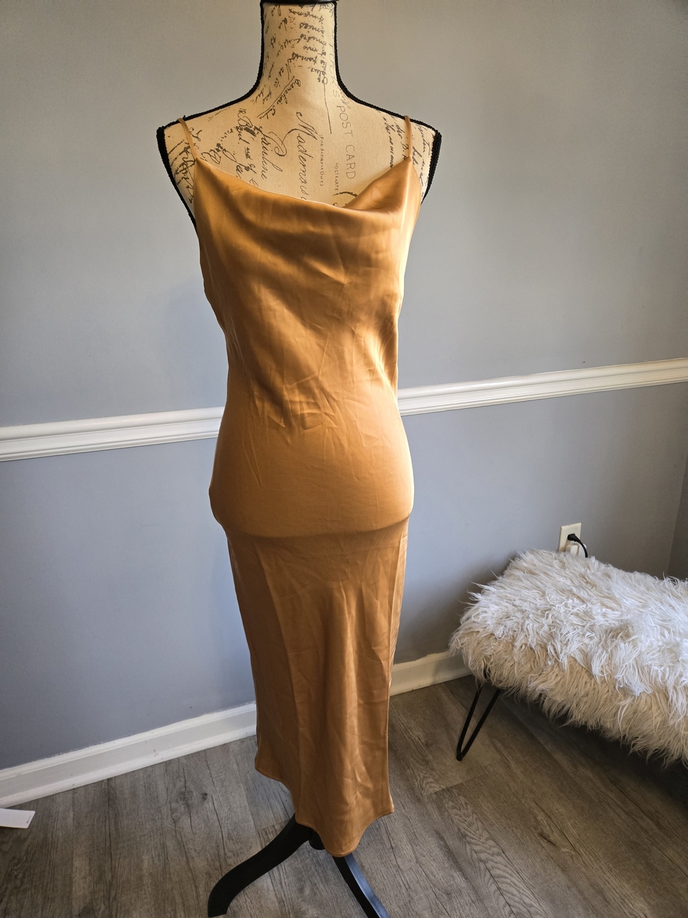 Satin Slip Midi Dress in Gold